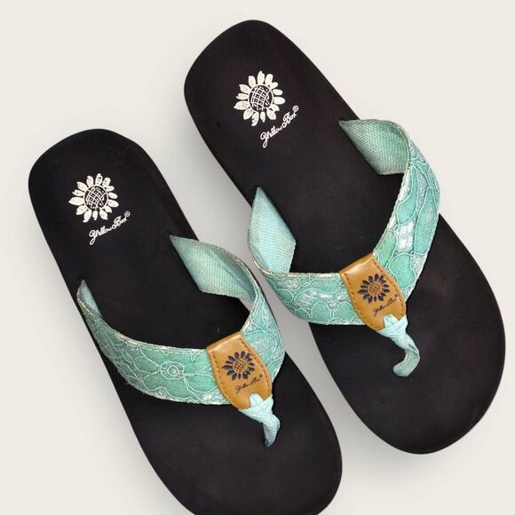 Yellow Box Womens Flip‎ Flops Aqua Blue Lace Black Cushioned Comfort - Picture 1 of 8